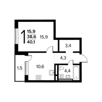 Планировка однокомнатной(квартира) площадью 40.1 квадратных метров в “Новые Ватутинки. Заречный”