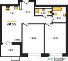 Планировка двухкомнатной(квартира) площадью 60.5 квадратных метров в “ЖК Бунинские кварталы”