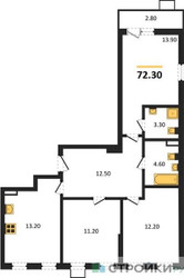 Планировка трехкомнатной(квартира) площадью 72.3 квадратных метров в ЖК “ЖК Деснаречье”