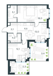 Планировка трехкомнатной(квартира) площадью 65.8 квадратных метров в ЖК “ЖК Павелецкая Сити”