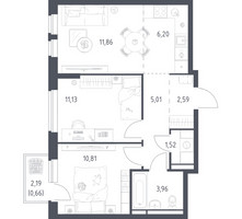 Планировка двухкомнатной(квартира) площадью 53.74 квадратных метров в “ЖК Новое Видное”
