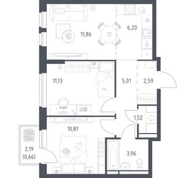 Планировка двухкомнатной(квартира) площадью 53.74 квадратных метров в ЖК “ЖК Новое Видное”