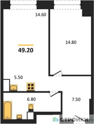 Планировка однокомнатной(квартира) площадью 49.2 квадратных метров в ЖК “ЖК Мираполис”