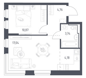 Планировка однокомнатной(квартира) площадью 40.59 квадратных метров в ЖК “ЖК Новое Видное”