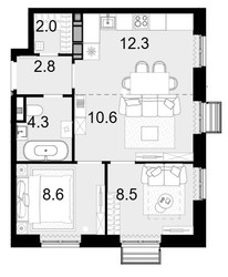 Планировка трехкомнатной(квартира) площадью 49.1 квадратных метров в ЖК “ЖК Новая Звезда (Газопровод)”