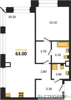 Планировка однокомнатной(квартира) площадью 63 квадратных метров в “ЖК Luzhniki Collection (Коллекция Лужники)”