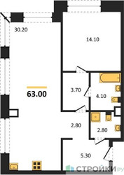 Планировка однокомнатной(квартира) площадью 63 квадратных метров в ЖК “ЖК Luzhniki Collection (Коллекция Лужники)”