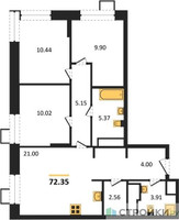 Планировка трехкомнатной(квартира) площадью 72.35 квадратных метров в “ЖК Апарт-отель Тропарево парк”