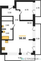 Планировка однокомнатной(квартира) площадью 58.5 квадратных метров в “ЖК Квартал Издание”