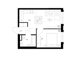 Планировка однокомнатной(квартира) площадью 33.4 квадратных метров в “ЖК Москворечье”