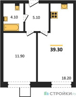 Планировка однокомнатной(квартира) площадью 39.3 квадратных метров в “ЖК Лесная Отрада”