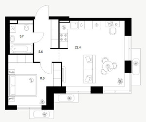 Планировка однокомнатной(квартира) площадью 43.3 квадратных метров в ЖК “ЖК Саларьево парк”