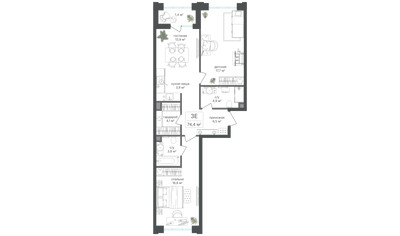 Планировка трехкомнатной(квартира) площадью 73 квадратных метров в ЖК “ЖК Михалковский”