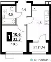 Планировка однокомнатной(квартира) площадью 32.3 квадратных метров в “ЖК 1-й Ясеневский (Первый Ясеневский)”