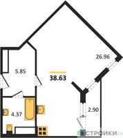 Планировка студии(квартира) площадью 38.63 квадратных метров в “ЖК Светлый мир БиоПолис”