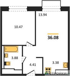 Планировка однокомнатной(квартира) площадью 36.08 квадратных метров в ЖК “ЖК Новое Внуково”