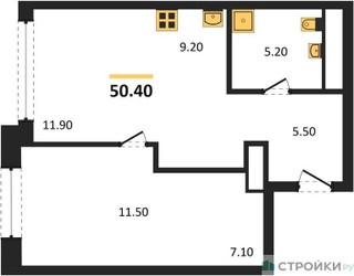 Планировка однокомнатной(апартаменты) площадью 50.4 квадратных метров в ЖК “ЖК Мираполис”