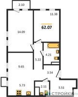 Планировка двухкомнатной(квартира) площадью 61.8 квадратных метров в “ЖК Горки Парк”