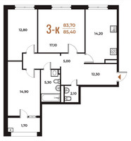 Планировка трехкомнатной(квартира) площадью 85.4 квадратных метров в “ЖК Новое Летово”