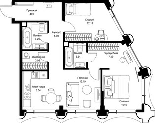 Планировка двухкомнатной(квартира) площадью 69.82 квадратных метров в ЖК “Дом премиум-класса МИРА”