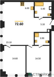 Планировка двухкомнатной(квартира) площадью 72.6 квадратных метров в ЖК “ЖК АУРА”