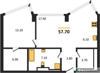 Планировка однокомнатной(квартира) площадью 57.7 квадратных метров в ЖК “ЖК High Life (Хай Лайф)”
