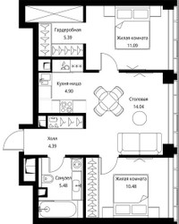 Планировка двухкомнатной(квартира) площадью 55.77 квадратных метров в ЖК “ЖК Сити Бэй”