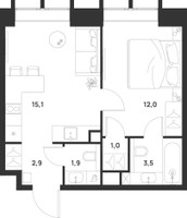 Планировка однокомнатной(квартира) площадью 36.4 квадратных метров в “ЖК Войс”