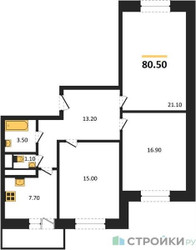Планировка трехкомнатной(квартира) площадью 82.5 квадратных метров в ЖК “ЖК Высокий берег (Ногинск)”