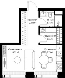 Планировка студии(квартира) площадью 29.91 квадратных метров в ЖК “ЖК Веер”