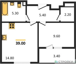 Планировка однокомнатной(квартира) площадью 39 квадратных метров в ЖК “ЖК Режиссер”