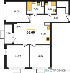 Планировка трехкомнатной(квартира) площадью 66.6 квадратных метров в ЖК “ЖК Бунинские кварталы”