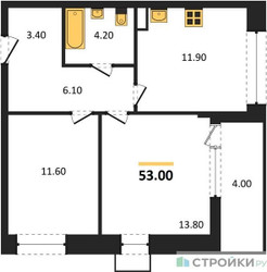 Планировка двухкомнатной(квартира) площадью 53 квадратных метров в ЖК “ЖК Прокшино”