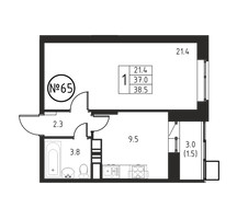 Планировка однокомнатной(квартира) площадью 38.5 квадратных метров в “ЖК Космос”