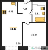 Планировка однокомнатной(квартира) площадью 34.42 квадратных метров в “ЖК Молжаниново”