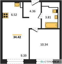 Планировка однокомнатной(квартира) площадью 34.42 квадратных метров в ЖК “ЖК Молжаниново”