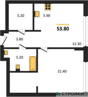 Планировка однокомнатной(квартира) площадью 53.8 квадратных метров в “ЖК Монблан”