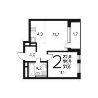 Планировка двухкомнатной(квартира) площадью 37.6 квадратных метров в “Новые Ватутинки. Заречный”