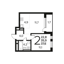 Планировка двухкомнатной(квартира) площадью 37.6 квадратных метров в ЖК “Новые Ватутинки. Заречный”