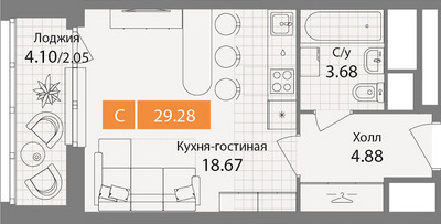 Планировка студии(квартира) площадью 29.3 квадратных метров в “ЖК Планерный Квартал”