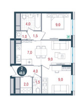 Планировка двухкомнатной(квартира) площадью 48 квадратных метров в “ЖК РУСИЧ-Кантемировский”