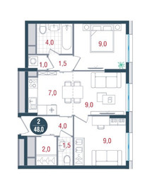 Планировка двухкомнатной(квартира) площадью 48 квадратных метров в ЖК “ЖК РУСИЧ-Кантемировский”