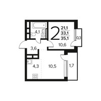 Планировка двухкомнатной(квартира) площадью 35.1 квадратных метров в “Новые Ватутинки. Заречный”