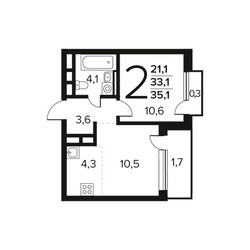Планировка двухкомнатной(квартира) площадью 35.1 квадратных метров в ЖК “Новые Ватутинки. Заречный”