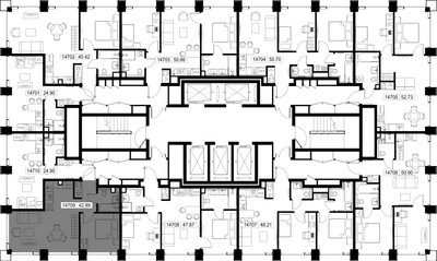 Планировка однокомнатной(квартира) площадью 42.9 квадратных метров в ЖК “ЖК SET (Сет)”