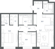 Планировка трехкомнатной(квартира) площадью 62.6 квадратных метров в “ЖК Равновесие”