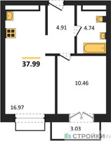 Планировка однокомнатной(квартира) площадью 37.99 квадратных метров в “ЖК Одинбург”