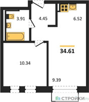 Планировка однокомнатной(квартира) площадью 34.61 квадратных метров в “ЖК Рублевский Квартал”