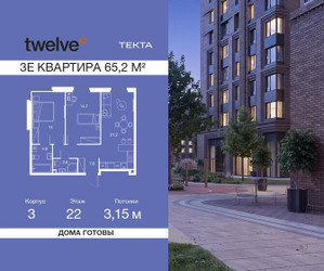 Планировка трехкомнатной(квартира) площадью 65.2 квадратных метров в ЖК “ЖК Твелв”