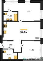 Планировка двухкомнатной(квартира) площадью 63.6 квадратных метров в “ЖК Первый квартал”